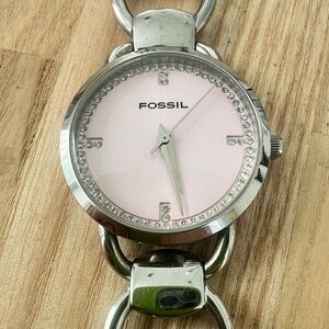 Fossil ladies pink dial silver tone bracelet watch NEW BATTERY